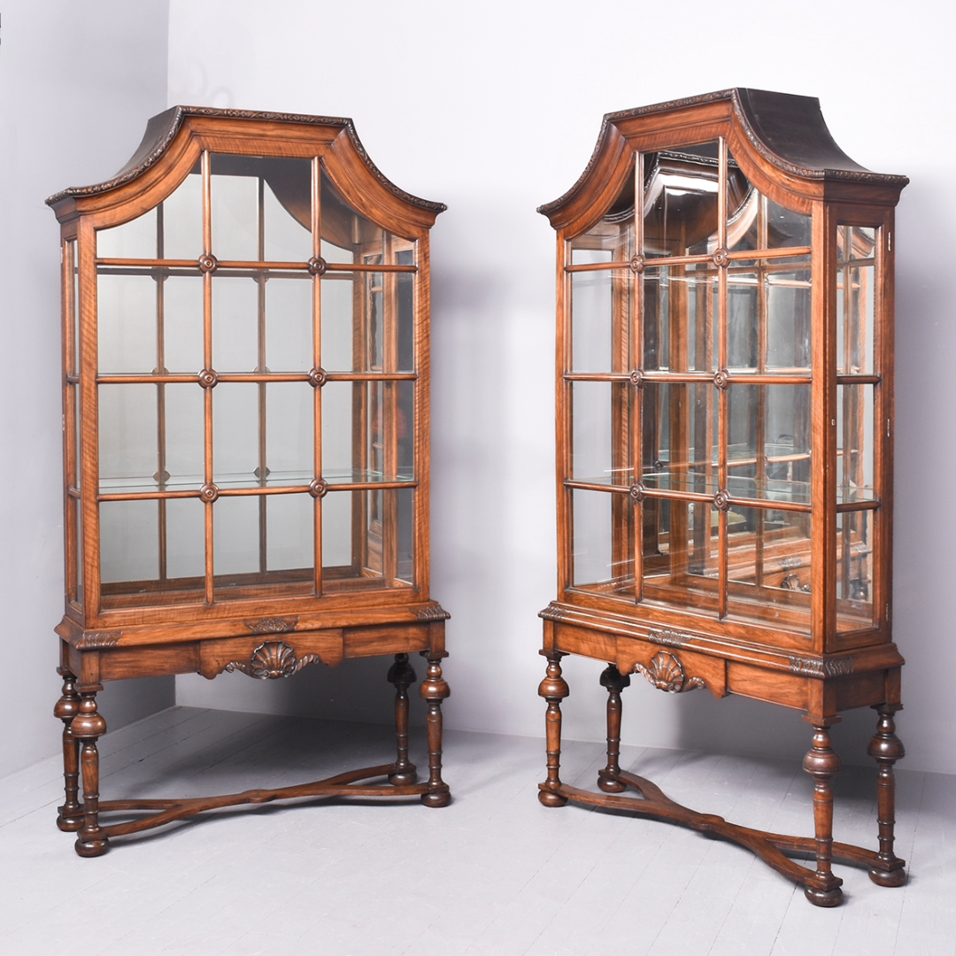 Rare Pair of Exhibition-Quality Tall Carved Walnut Neo-Classical Display Cases Antique display cabinet Antique Furniture 18